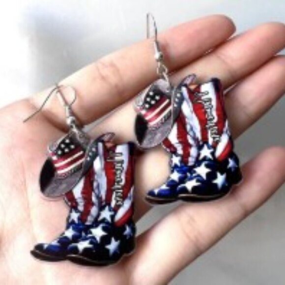 USA Patriotic Flag Boots Acrylic Earrings Women Festival Fashion Holiday Bling - Picture 2 of 5